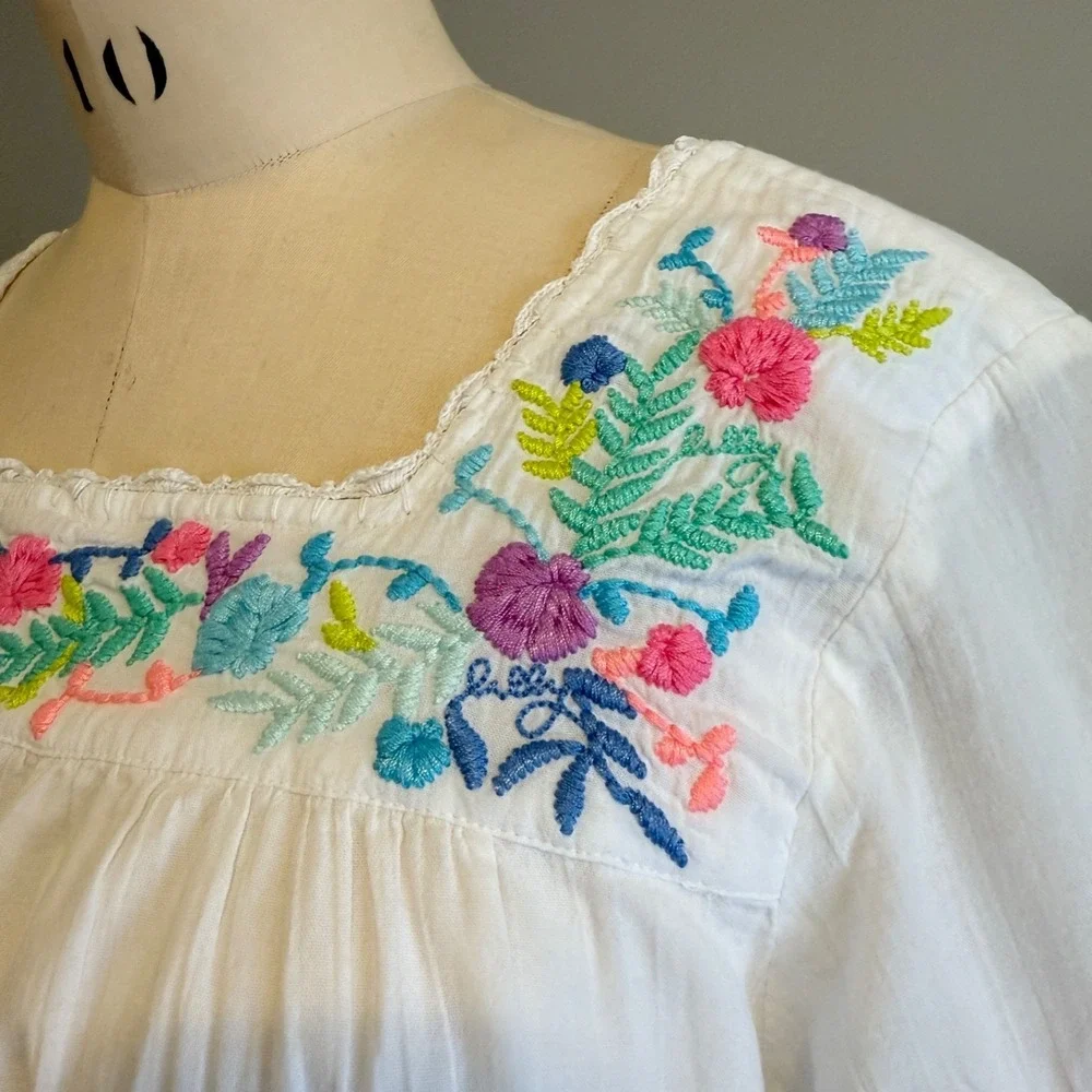 Lilly Pulitzer Tamryn Top White Floral Embroidered Square Neck Peasant Blouse M - Picture 7 of 11